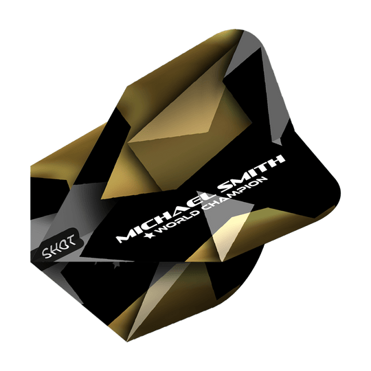 Shot Michael Smith Believe No6 Flights Das Bild zeigt den Shot Michael Smith Believe No6 Flight mit einem schwarzen und goldenen geometrischen Design. Auf dem Flight steht in weißer Schrift „MICHAEL SMITH ★ WORLD CHAMPION“.