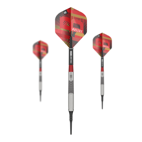 Měkké šipky Target Stephen Bunting GEN5 - 18g Das Bild zeigt drei Softdarts des Modells "Target Stephen Bunting GEN5" mit einem Gewicht von 18g. Die Flights sind rot gemustert und tragen die Aufschrift "BULLET".