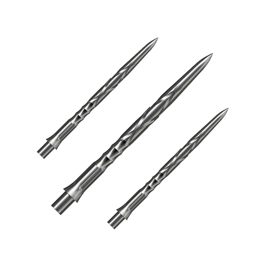 Caliburn System Steeldartspitzen - HAN G2 - Silber Auf dem Bild sind drei silberne Steeldartspitzen mit einem spiralförmigen Muster zu sehen. Sie liegen nebeneinander auf einem neutralen Hintergrund.