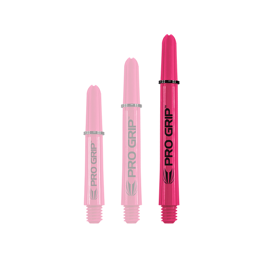 Tiges Target Pro Grip - 3 jeux - Rose Das Bild zeigt drei pinke Pro Grip Shafts in verschiedenen Längen. Sie stehen nebeneinander und haben die Aufschrift "PRO GRIP".