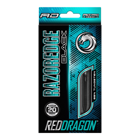 Red Dragon Razor Edge Black Steeldarts Auf dem Bild ist eine Verpackung von Red Dragon Razor Edge Black Steeldarts zu sehen. Die Darts wiegen 20 Gramm und bestehen zu 85 % aus Wolfram.