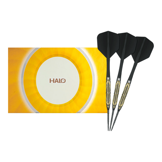 Freccette in acciaio Caliburn Halo H2 - 22,5 g Das Bild zeigt die Caliburn Halo H2 Steeldarts mit einem Gewicht von 22,5g in voller Länge. Die Steeldarts sind besonders langlebig und robust.