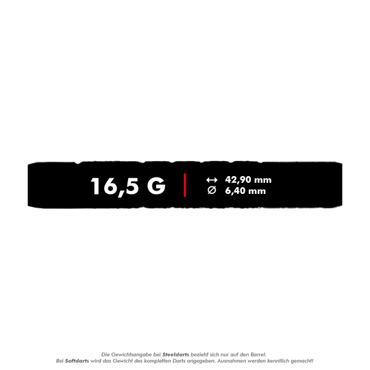 Dardos blandos McDart 85 Tungsten V7 - 16,5 g Das Bild zeigt die technischen Daten des Produkts "McDart 85er Tungsten V7 Softdarts - 16,5g". Der Dart wiegt 16,5 Gramm, ist 42,90 mm lang und hat einen Durchmesser von 6,40 mm.