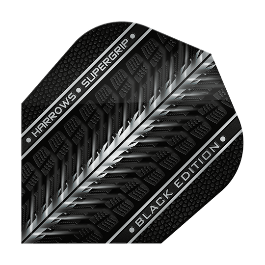 Harrows Supergrip Black Edition No6 Flights Das Bild zeigt das Produkt "Harrows Supergrip Black-Edition No6 Flights". Das Flight ist schwarz mit silbernen und grauen Akzenten sowie der Aufschrift "HARROWS SUPERGRIP BLACK EDITION".