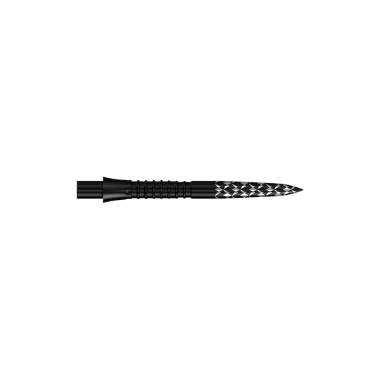 Puntas de dardos Mission Caliburn EVO con logotipo GV - Negro Schwarze Steeldartspitzen mit GV-Logo und einer Länge von 26 mm sind zu sehen. Das Bild zeigt das Produkt aus der Mission Caliburn EVO Serie.