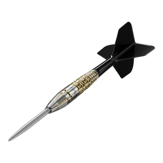 Dardos de acero Target Black Marque Warrior Swiss Point Das Bild zeigt einen Target Black Marque Warrior Swiss Point Steeldart. Der Dart hat eine silberne Spitze, einen gold-silbernen Griff und schwarze Flights.