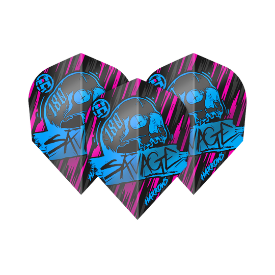 Voli Savage Aqua Pink No6 di Harrow Das Bild zeigt die Harrows Savage Aqua Pink No6 Flights, die für Dartpfeile verwendet werden. Sie sind schwarz mit auffälligen blauen und pinken Grafiken, darunter ein Totenkopf und das Wort "SAVAGE".
