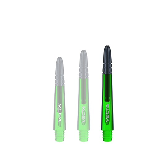 7025-204_Winmau_Vecta_Shafts_Gr-n_40mm_1 Das Bild zeigt drei grüne Winmau Vecta Shafts für Dartpfeile. Sie sind in verschiedenen Längen abgebildet und haben schwarze Spitzen.