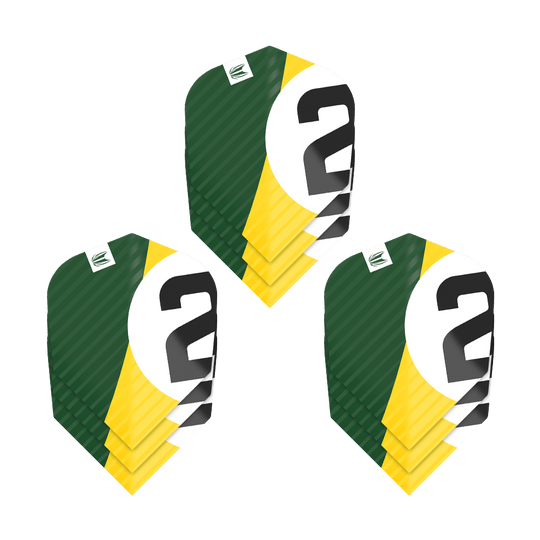 337208_Target_ProUltra_3Sets_Chicane_Green_No6_Flights_1m9d8pkiVeCDSW Das Bild zeigt drei Sätze der Target Pro Ultra Chicane Green No6 Flights. Die Flights sind grün, gelb und weiß mit einer schwarzen Zahl "2" darauf.
