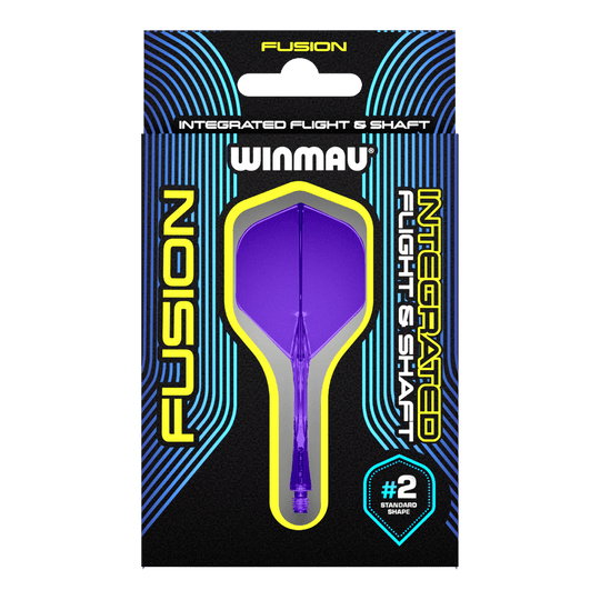 Systém letky Winmau Fusion Standard Purple Auf dem Bild ist eine Verpackung mit einem lila Dart-Flug- und Schaftsystem der Marke Winmau zu sehen. Die Verpackung trägt die Aufschrift "Fusion Integrated Flight & Shaft" und hebt die Standardform #2 hervor.