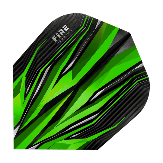 HR2_Harrows_Fire_Green_Standard_Flights_1sXfBKv5nNpZ5t Dies ist ein Dart-Flight mit dem Namen "Harrows Fire Green Standard Flights". Er hat ein auffälliges grünes und schwarzes Design mit scharfen Linien und Mustern.