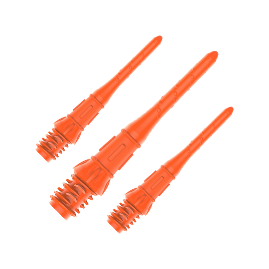 Das Bild zeigt drei orangefarbene Dartspitzen mit Gewinde. Sie sind in einer Reihe auf einem transparenten Hintergrund angeordnet.