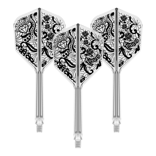 Abgebildet ist ein Produkt mit dem Namen 410241_Target_Japan_K-Flex_Diamond_No6_Flight-Shaft_System_33mm_1Set. Es handelt sich vermutlich um eine Dartschaft-Kombination.