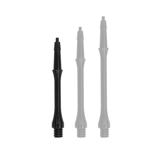 HRC-12602_Harrows_Clic_Slim_Shafts_Black_23mm_1 Das Bild zeigt drei schwarze Harrows Clic Slim Shafts für Dartpfeile. Sie sind in verschiedenen Längen angeordnet und haben ein schlankes Design.