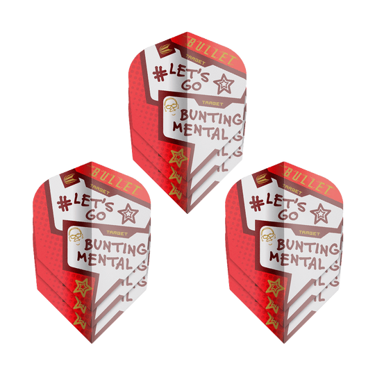 Letky Target Pro Ultra Stephen Bunting Mental No6 - 3 sady Das Bild zeigt drei Sets der "Target Pro Ultra Stephen Bunting Mental No6 Flights" für Darts. Die Flights sind rot-weiß gestaltet und tragen Aufschriften wie "#LET'S GO" und "BUNTING MENTAL."