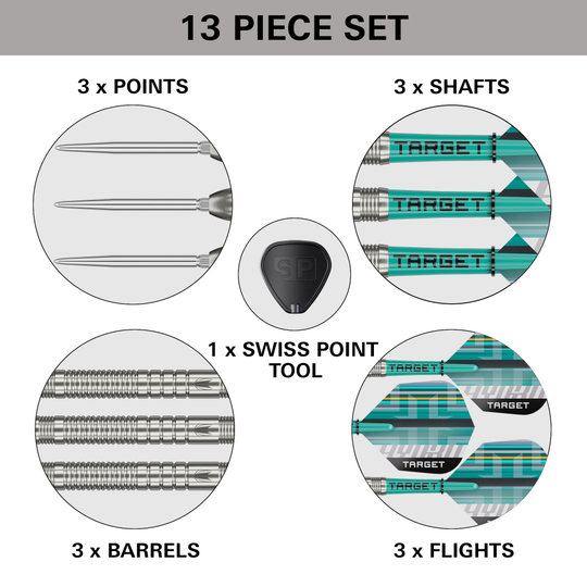 Dardos de acero Target Hydro 03 Swiss Point Zu sehen sind die Target Hydro 03 Swiss Point Steeldarts. Die Steeldarts werden detailliert ausgeleuchtet.