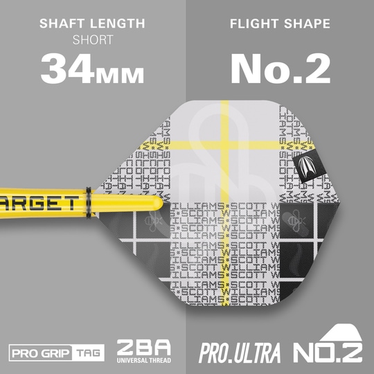 Dardos blandos Target Scott Williams GEN2 - 18 g Das Bild zeigt das Produkt "Target Scott Williams GEN2 Softdarts - 18g" mit einem kurzen Schaft von 34 mm. Die Flight-Form ist No. 2 und das Design ist in Gelb, Weiß und Schwarz gehalten.