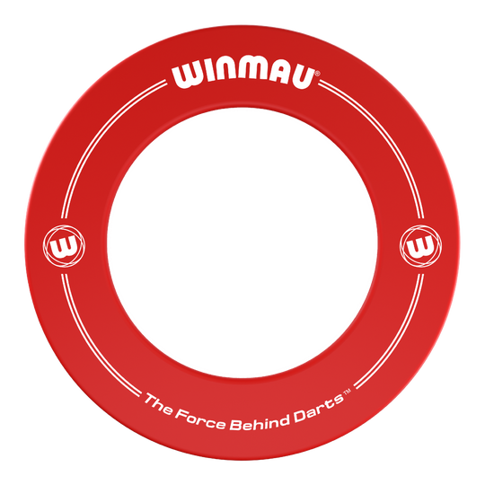 Winmau Dartboard Surround Das Bild zeigt einen roten Dartboard-Surround-Ring der Marke Winmau. Auf dem Ring steht der Slogan „The Force Behind Darts™“.