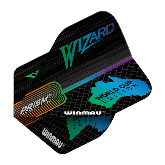 6915-237_Winmau_Simon_Whitlock_World_Cup_Special_Edition_Standard_Flights_2OnLFGaVg8RZj8 Das Bild zeigt die Winmau Simon Whitlock World Cup Special Edition Standard Flights. Die Flights sind schwarz mit bunten Akzenten und der Aufschrift "WIZARD" sowie "WORLD CUP EDITION".