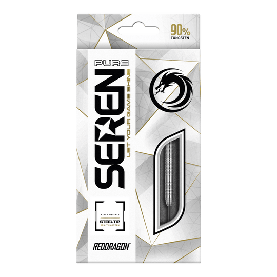 Red Dragon Seren 2 Dardos de acero puro Die Abbildung zeigt die Verpackung der "Red Dragon Seren 2 Pure Steeldarts". Auf der Verpackung steht, dass die Darts aus 90% Tungsten bestehen.