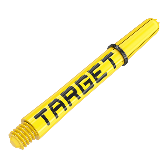 Dies ist ein gelber Dart-Schaft mit dem Schriftzug "TARGET". Der Schaft hat ein schwarzes Gummiband und ein Schraubgewinde am Ende.