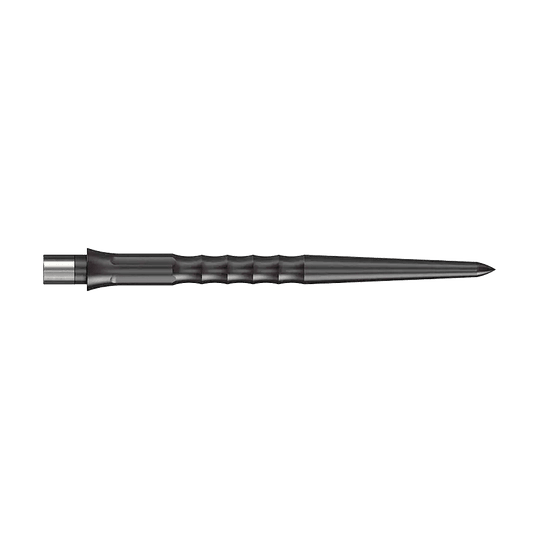 Pointes Caliburn System Steeldart - Ripple - NoLip - Noires Auf dem Bild ist eine schwarze Stahlspitze für ein Dart zu sehen. Die Spitze hat eine geriffelte Struktur und ist 32 mm lang.