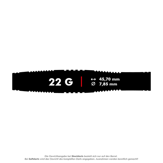 Měkké šipky Red Dragon Marlin Venom - 22g Das Bild zeigt die Produktinformationen der Red Dragon Marlin Venom Softdarts mit einem Gewicht von 22 Gramm. Die Darts haben eine Länge von 45,70 mm und einen Durchmesser von 7,85 mm.