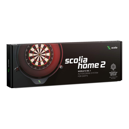 Elektronický systém automatického bodování Scolia Home 2 2026 Die Abbildung zeigt die Verpackung des Produkts "Scolia Home 2 Electronic Score System". Es handelt sich um ein automatisches Punktezählsystem für Darts.
