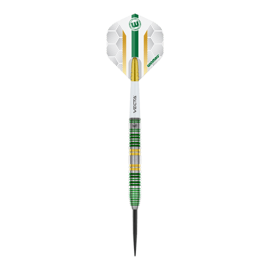 Freccette in acciaio Winmau Xenon Das Bild zeigt einen Winmau Xenon Steeldart mit einer weißen, grünen und goldenen Gestaltung. Der Dartpfeil hat einen markanten Ringgriff und eine spitze Metallspitze.