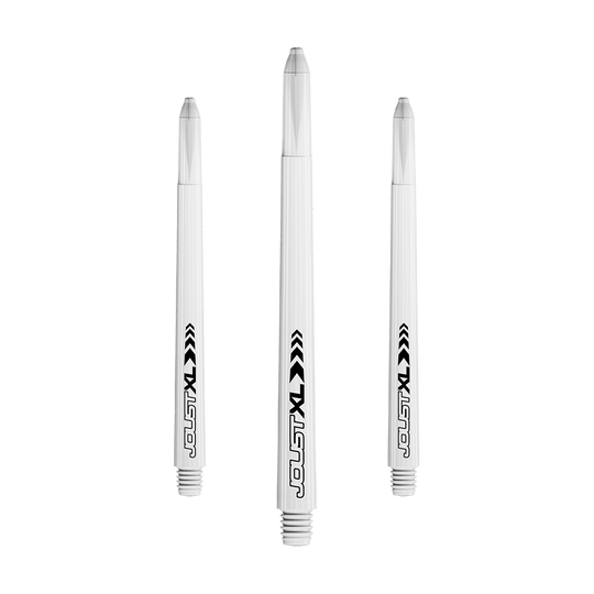 C817_Red_Dragon_Joust_XL_Shafts_Weiss_65mm_1 Das Bild zeigt drei weiße Dartschäfte des Modells "Red Dragon Joust XL Shafts" in der Länge 65 mm. Auf den Schäften ist der Schriftzug "Joust XL" in schwarz aufgedruckt.