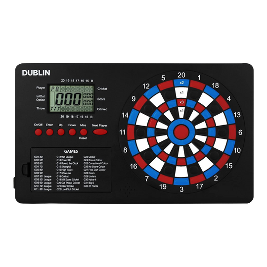 Počítadlo šipek XQMax Dublin Das Bild zeigt den "XQMax Dublin Dart Counter", ein elektronisches Dartspiel mit eingebautem Punktezähler. Links befindet sich ein digitales Display und Tasten zur Spielsteuerung, rechts das bunte Dartboard mit verschiedenen Zahlenfeldern.
