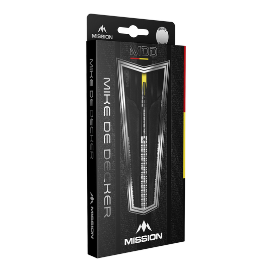 Mission Mike De Decker MDD Silver Steeldarts Die Abbildung zeigt die Verpackung der "Mission Mike De Decker MDD Silver Steeldarts". Auf der Schachtel sind der Markenname Mission und der Name Mike De Decker deutlich zu erkennen.