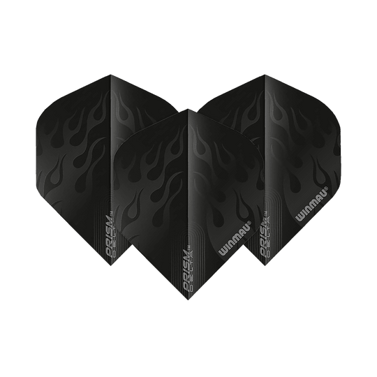 6915-202_Winmau_Prism_Delta_6915-202_Standard_Flights_1wnxHjIB9jzHaM Das Bild zeigt drei schwarze Dart-Flights des Modells "Winmau Prism Delta 6915.202 Standard". Die Flights haben ein Flammenmuster und das Winmau-Logo ist darauf zu sehen.