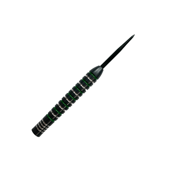 McDart stříbrnozelené ocelové sudy Das Bild zeigt einen McDart Silver Green Steeldart Barrel. Der Dart hat silberne und grüne Rillen und eine schwarze Spitze.