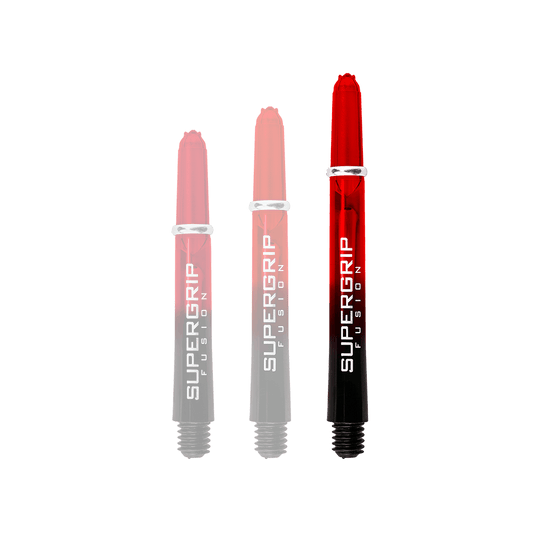 HR344_Harrows_Supergrip_Fusion_Shafts_Rot_47mm_1szumLCjfgZCLq Das Bild zeigt drei Harrows Supergrip Fusion Shafts in Rot. Die Schäfte sind teilweise rot und schwarz gefärbt und tragen den Schriftzug "SUPERGRIP FUSION".
