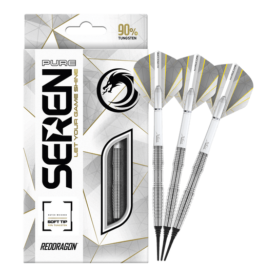 Šipky Red Dragon Seren 3 Pure Softdarts - 20g Das Bild zeigt die Red Dragon Seren 3 Pure Softdarts mit 20g Gewicht. Die Verpackung hebt hervor, dass die Darts zu 90% aus Tungsten bestehen.
