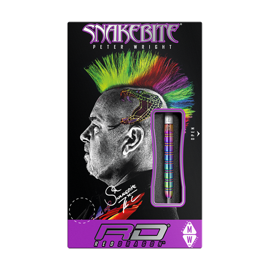 RD1478-RedDragon-Peter-Wright-Snakebite-1-Rainbow-Steeldarts-3DRlm2yi6BMpb8 Die Verpackung zeigt eine bunte Illustration eines Mannes mit Irokesenfrisur und einem Schlangentattoo. Im Sichtfenster sieht man einen Rainbow Steeldart der Marke Red Dragon, Modell Peter Wright Snakebite 1.
