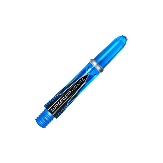 Das Bild zeigt das Produkt "Harrows Supergrip Ignite Shafts - Aqua". Es ist ein blauer, transparenter Dartshaft mit schwarzem Schriftzug und silbernem Ring.