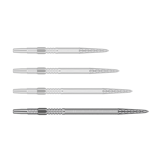 Puntas de dardos Target Swiss Point DX - Plata Auf dem Bild sind vier silberne Dartspitzen in einer Reihe zu sehen. Die Spitzen haben ein geriffeltes Muster und eine spitz zulaufende Form.