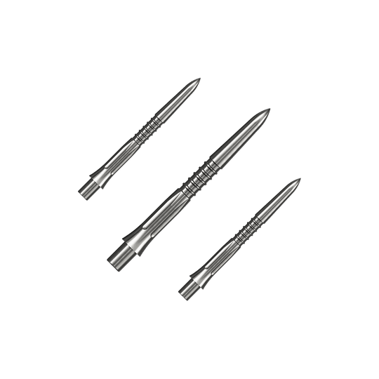 Puntas de dardos Mission Caliburn EVO GV1 - plateadas Auf dem Bild ist ein Set silberner Steeldartspitzen mit 26 mm Länge zu sehen. Mehrere Spitzen sind zusammen angeordnet.
