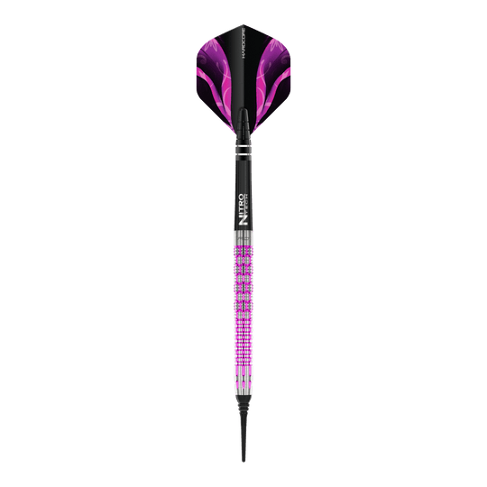 Dardos blandos Red Dragon Tyrian - 22 g Auf dem Bild ist der Red Dragon Tyrian Softdart mit einem Gewicht von 22g zu sehen. Der Dart hat ein auffälliges Design mit lila und pinken Akzenten.