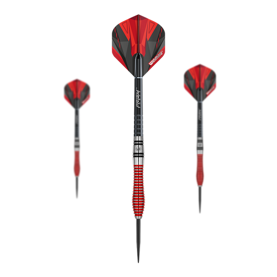 Winmau Dennis Priestley Special Edition Steeldarts Das Bild zeigt drei Winmau Dennis Priestley Special Edition Steeldarts. Die Darts haben ein auffälliges rot-schwarzes Design und besitzen eine griffige, rot-silberne Barrel.