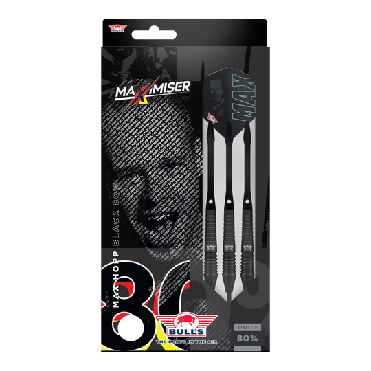 Dardos Bulls NL Max Hopp de acero negro Auf dem Bild sind Bulls NL Max Hopp Black Steeldarts zu erkennen. Die Darts werden einzeln und detailliert gezeigt.