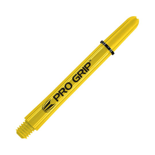 Das Bild zeigt einen gelben Dart-Schaft mit der Aufschrift "PRO GRIP". Der Schaft hat eine Länge von 48 mm und ist für den Einsatz bei Darts geeignet.
