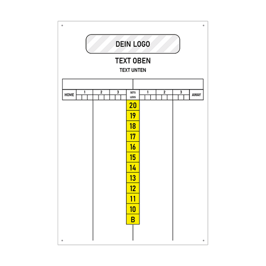 INSCORE3_Scoreboard_mit_Wunschdruck_40x60cm_Gelb_3 Das Bild zeigt ein Scoreboard mit den Maßen 40 x 60 cm, auf dem Platz für ein individuelles Logo und eigenen Text oben vorhanden ist. In der Mitte befinden sich gelbe Zahlenkärtchen von 10 bis 20 und ein "B" zur Anzeige des Spielstandes.