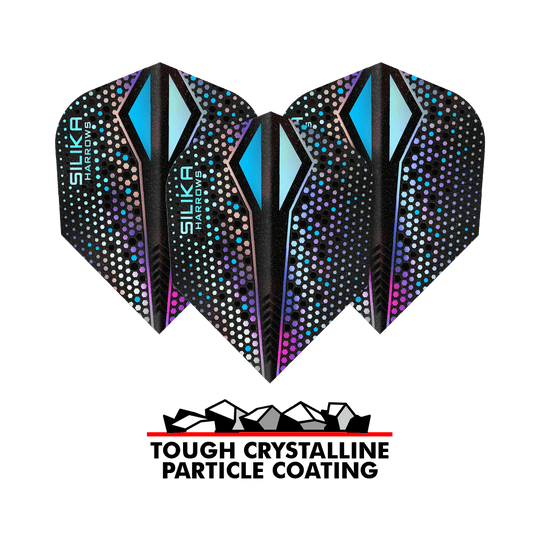 Harrows Silika Colourshift Tough Crystalline Coating Silver-X No6 Flights Das Bild zeigt drei Harrows Silika Colourshift Tough Crystalline Coating Silver-X No6 Flights. Unten im Bild steht "TOUGH CRYSTALLINE PARTICLE COATING" mit einer Grafik von Kristallen.