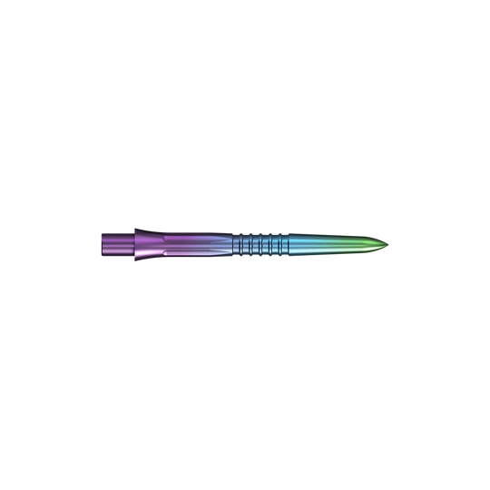 Puntas de dardos Mission Caliburn EVO GV1 - Arcoíris Eine bunte Steeldartspitze mit Rainbow-Finish wird dargestellt. Die Spitze ist schlank und schimmert in mehreren Farben.
