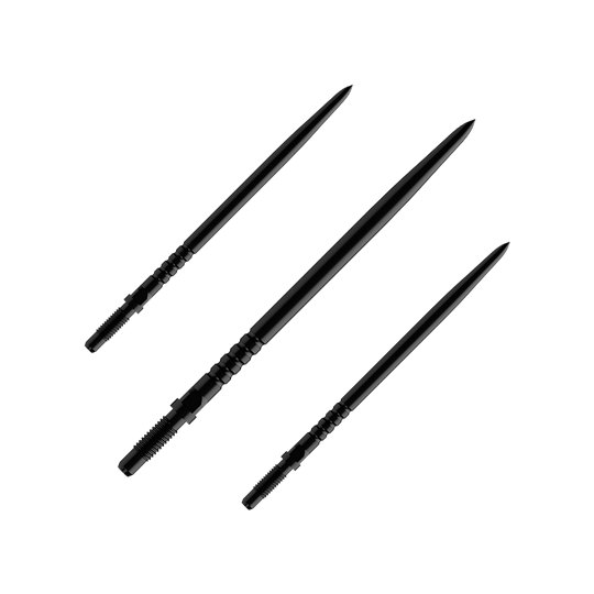 Auf dem Bild sind mehrere Dartspitzen zu sehen. Es handelt sich um ein Set BullsNL Convertible Points mit Ringed Grip in Schwarz und 40mm Länge.