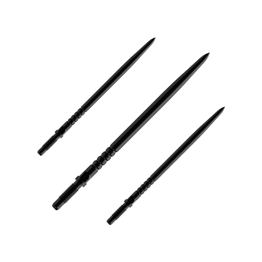 Pointes de fléchettes convertibles Bulls NL - Grip annelé - Noires Auf dem Bild sind mehrere Dartspitzen zu sehen. Es handelt sich um ein Set BullsNL Convertible Points mit Ringed Grip in Schwarz und 40mm Länge.