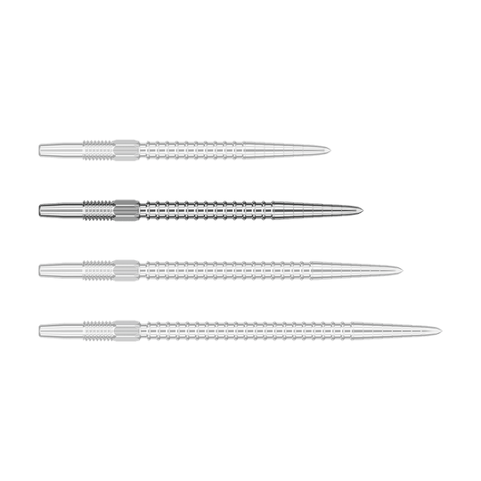 Puntas de dardos Target Swiss Point Chrono - Plateadas Das Bild zeigt vier silberne Dartspitzen in einer Reihe. Die Spitzen sind aus Metall und haben ein geriffeltes Muster.